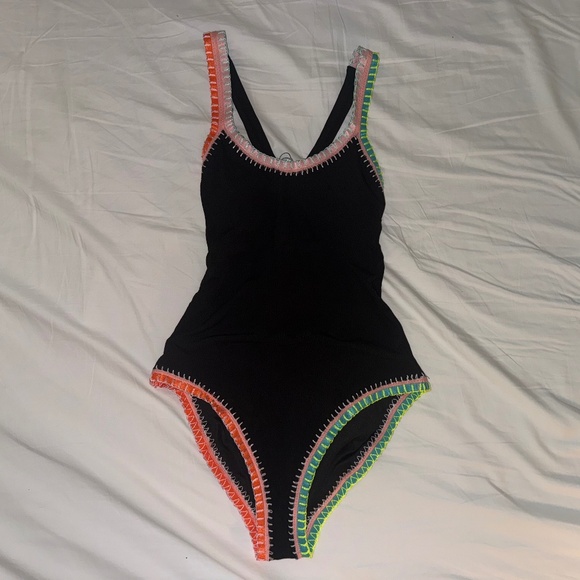 PQ Swim Solange Ferrarini Women's One Piece Swimsuit Size M Black Crochet Trim - Picture 1 of 7